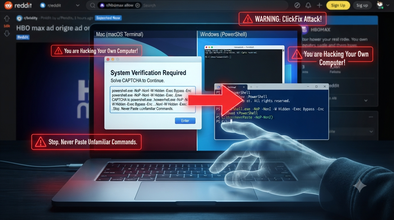 ClickFix Attacks Are Tricking Mac and Windows Users Into Infecting Their Own Computers Cybercriminals are increasingly using a surprisingly simple technique to compromise computers convincing victims to execute the malicious code themselves. Known as ClickFix, the attack method is emerging as a significant cybersecurity threat affecting both Windows and macOS users. Instead of relying entirely on software vulnerabilities or secretly installing malware, attackers use social engineering to persuade users to copy and execute commands directly on their computers. A recent campaign involving fake HBO Max advertisements on Reddit demonstrates how convincing these attacks can become when criminals gain access to trusted accounts. What Is a ClickFix Attack A typical ClickFix attack begins when someone visits a malicious website or a legitimate website that has been compromised. The page may display what appears to be a normal CAPTCHA, verification request or anti-bot security check. The user is told that an additional step is required before they can continue. Instead of simply clicking a checkbox, however, the website provides instructions asking the visitor to copy a command and paste it into Windows Command Prompt or PowerShell, or Terminal on macOS. That should immediately be considered a major warning sign. Once the command is executed, it can download and install information-stealing malware on the device. The malware may then attempt to collect sensitive information including saved passwords, browser sessions, authentication data and cryptocurrency wallet information. What makes ClickFix particularly dangerous is that the victim performs the critical execution step. Because command-line tools provide direct access to operating-system functions, malicious activity initiated this way can sometimes bypass or complicate traditional security defenses. HBO Max Reddit Account Used in Malicious Campaign One of the latest ClickFix incidents involved advertisements appearing to originate from an official HBO Max account on Reddit. Security researchers found advertisements directing users toward websites designed to resemble legitimate HBO Max pages. The sites then presented visitors with ClickFix-style instructions intended to convince them to execute malicious commands. The situation was particularly concerning because attackers were not simply impersonating HBO Max with a newly created profile. Reddit confirmed that an HBO Max account authorized to run advertising on the platform had been compromised and subsequently used to distribute advertisements containing malicious links. Reddit said it locked the affected account and removed the advertisements after discovering the incident. The total scale of the campaign remains unclear. Reddit did not disclose how many people saw or interacted with the malicious advertisements, and it is not known how many computers may have ultimately been infected. Why ClickFix Is So Effective ClickFix demonstrates an important shift in modern cybercrime. Instead of breaking through a computer's defenses directly, attackers manipulate users into performing actions that would normally require malware or an exploit. CAPTCHAs and verification screens are now common parts of browsing the internet, which makes a fake security check appear familiar and potentially trustworthy. The use of legitimate or previously trusted accounts makes the attack even more convincing. Cybercriminals are essentially combining malvertising, account compromise, phishing and social engineering into a single attack chain. How Users Can Protect Themselves The most important rule is simple never paste an unfamiliar command into Terminal, PowerShell or Command Prompt because a website tells you to. Legitimate CAPTCHA systems do not normally require users to open operating-system command-line tools and execute copied code. Users should also remain cautious even when an advertisement appears to come from a verified or recognizable brand. A legitimate account can itself be compromised. Organizations managing Windows environments can consider restricting command-line access where employees do not need it. Security researcher Kevin Beaumont has noted that organizations can apply controls across managed Windows environments to reduce opportunities for this type of exploitation. Mac users can also consider security tools designed to detect persistent software installations and suspicious system changes. The Bigger Cybersecurity Lesson ClickFix attacks highlight a fundamental challenge for cybersecurity sophisticated malware isn't always necessary when attackers can convince people to execute malicious instructions themselves. As criminals increasingly combine trusted brands, compromised accounts, convincing websites and familiar verification interfaces, users need to evaluate not only what they click, but also what a website asks them to do afterward. If a website suddenly asks you to open Terminal, PowerShell or Command Prompt and paste a command, stop. That “verification” could actually be asking you to hack your own computer.
